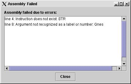 SimHYMN Assembler Error Window